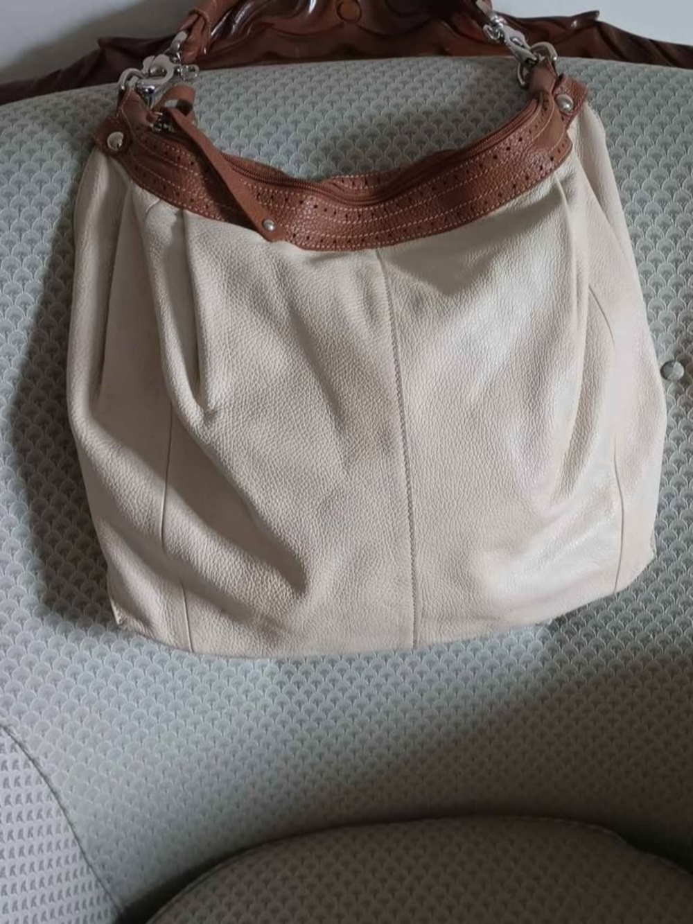 Cream Leather  Bag with Brown